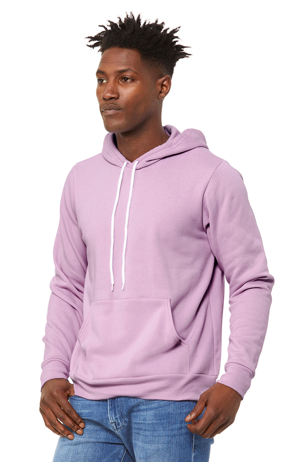 Bella + Canvas BC3719/3719 Mens Sponge Fleece Hooded Sweatshirt Hoodie w/ Pouch Pocket Lilac Purple Model 3Q