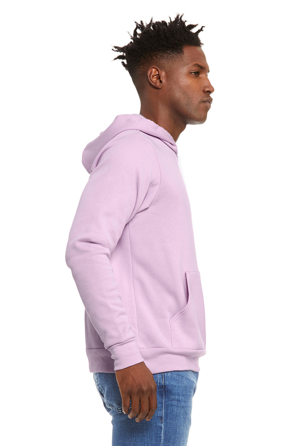 Bella + Canvas BC3719/3719 Mens Sponge Fleece Hooded Sweatshirt Hoodie w/ Pouch Pocket Lilac Purple Model Side