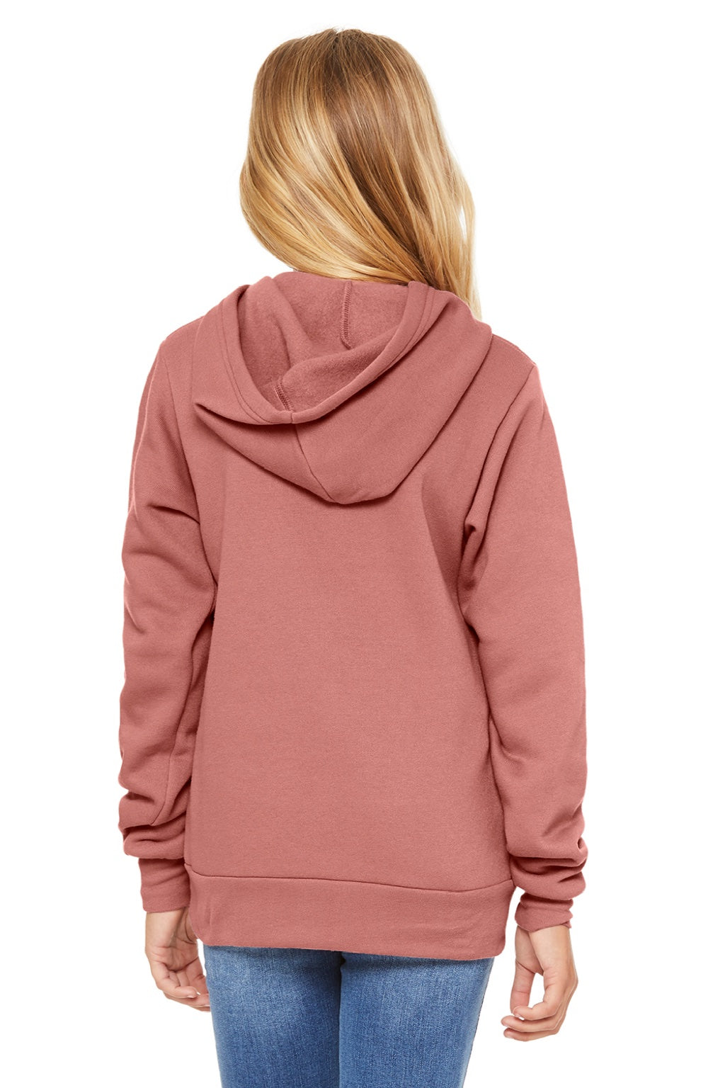 Bella + Canvas BC3719Y/3719Y Youth Sponge Fleece Hooded Sweatshirt Hoodie w/ Pouch Pocket Mauve Model Back