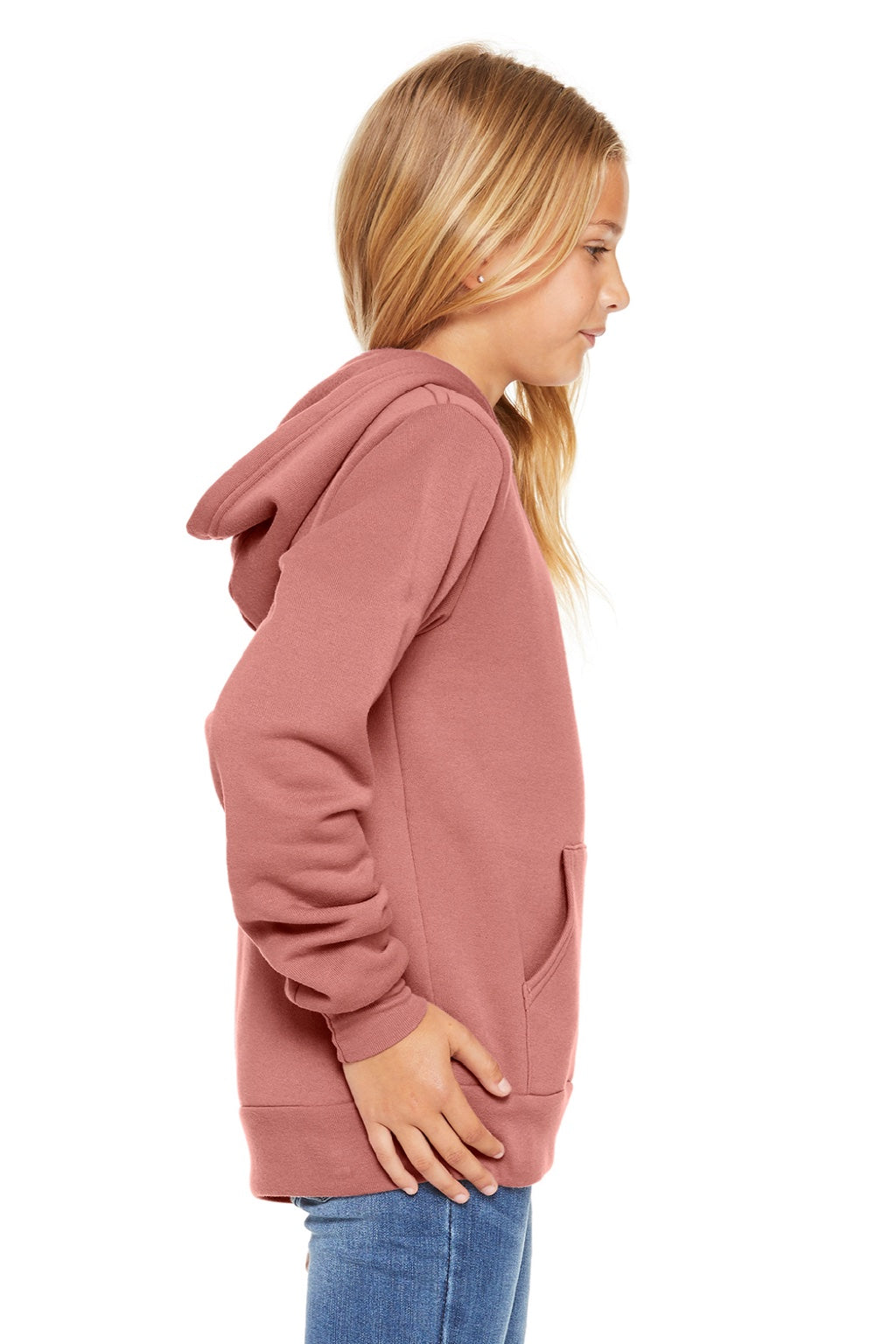 Bella + Canvas BC3719Y/3719Y Youth Sponge Fleece Hooded Sweatshirt Hoodie w/ Pouch Pocket Mauve Model Side