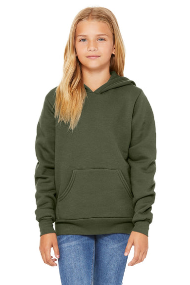 Bella + Canvas BC3719Y/3719Y Youth Sponge Fleece Hooded Sweatshirt Hoodie w/ Pouch Pocket Military Green Model Front