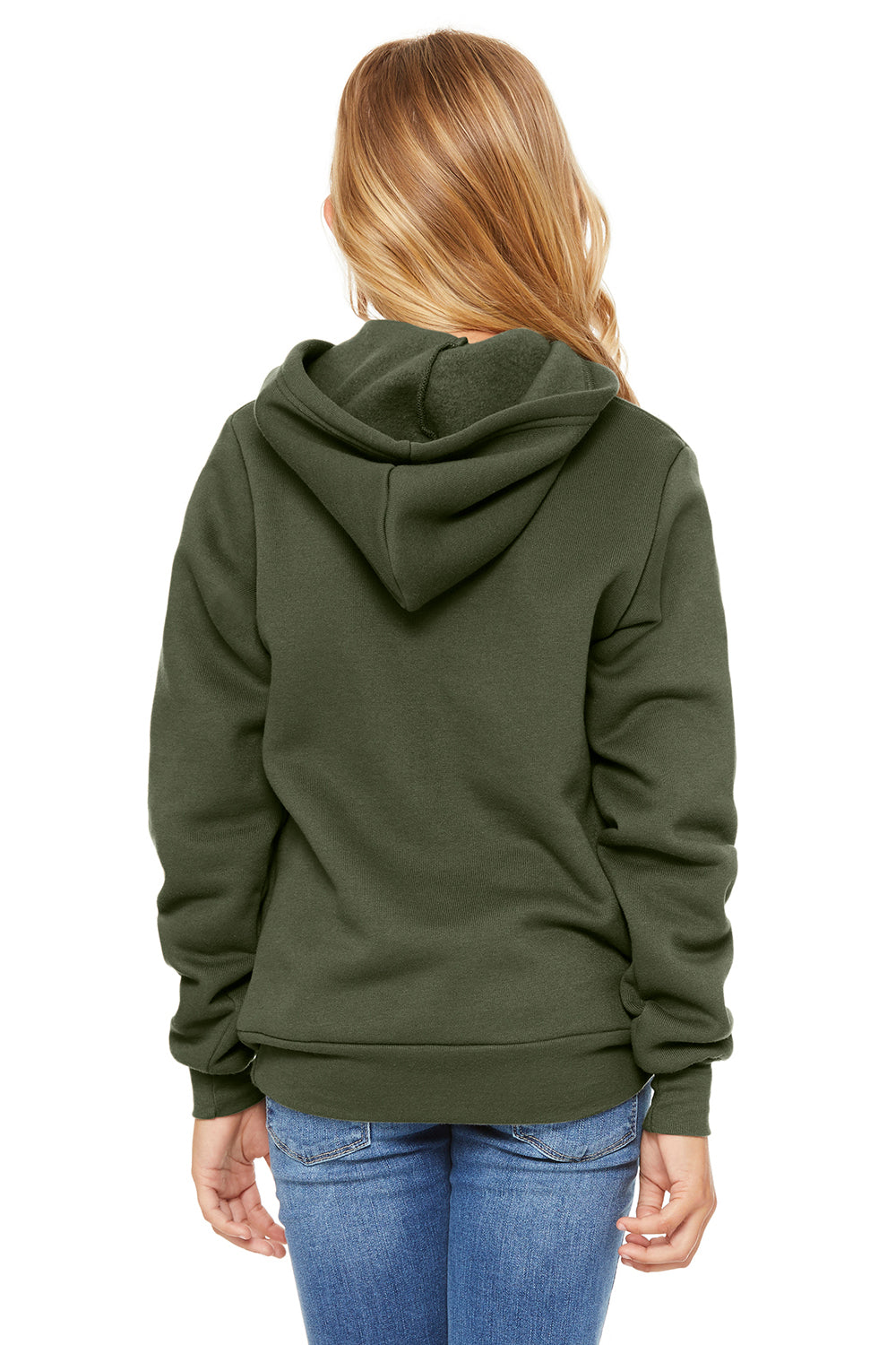 Bella + Canvas 3719Y/BC3719Y Youth Sponge Fleece Hooded Sweatshirt Hoodie Military Green Model Back