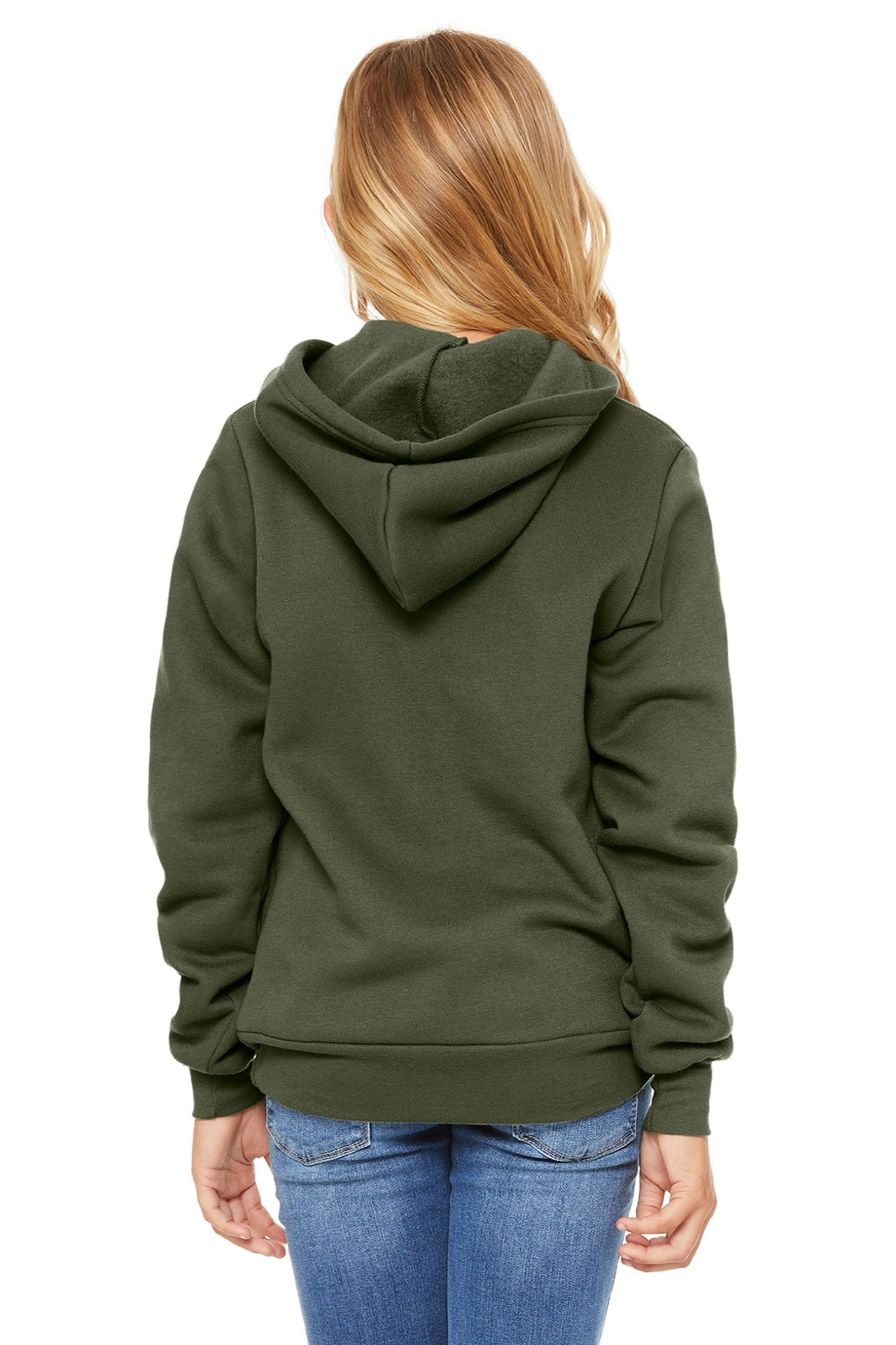 Bella + Canvas BC3719Y/3719Y Youth Sponge Fleece Hooded Sweatshirt Hoodie w/ Pouch Pocket Military Green Model Back