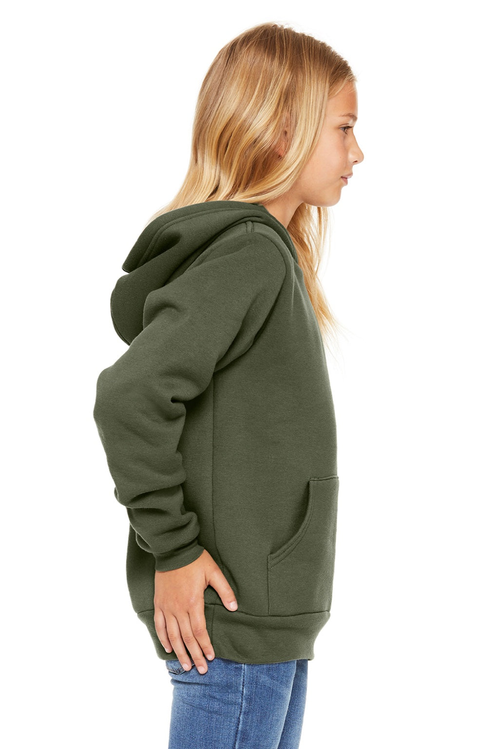 Bella + Canvas BC3719Y/3719Y Youth Sponge Fleece Hooded Sweatshirt Hoodie w/ Pouch Pocket Military Green Model Side