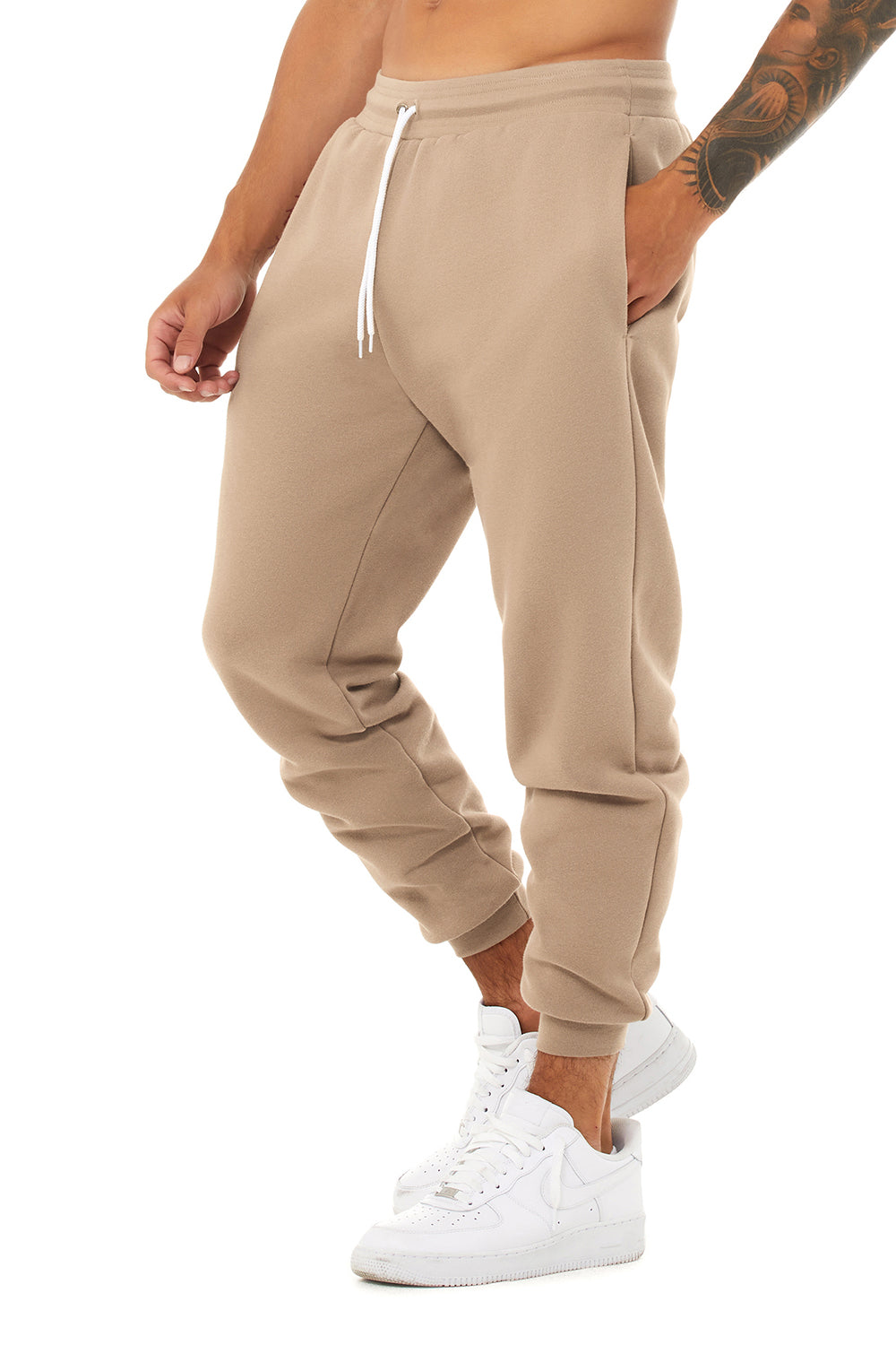 Bella + Canvas BC3727 Mens Jogger Sweatpants w/ Pockets Tan Model 3Q