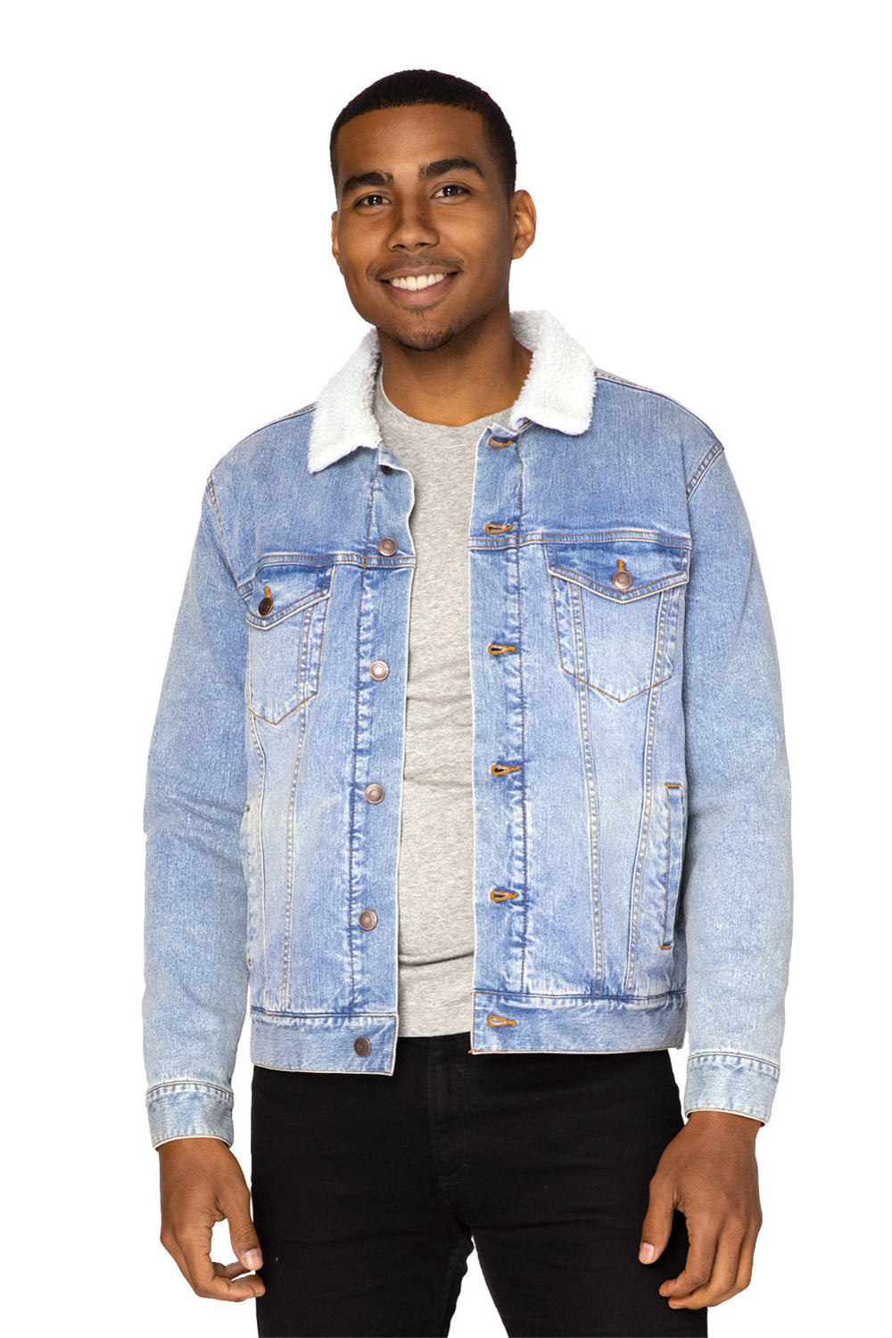 Threadfast Apparel 372J Mens Sherpa Lined Button Down Denim Jacket Light Blue Model Front