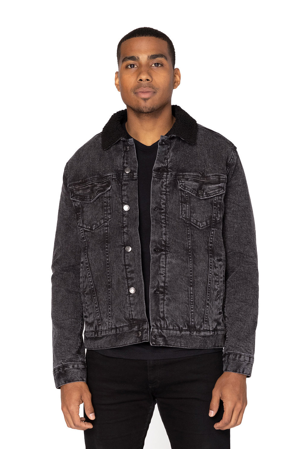 Threadfast Apparel 372J Mens Sherpa Lined Button Down Denim Jacket Black Model Front