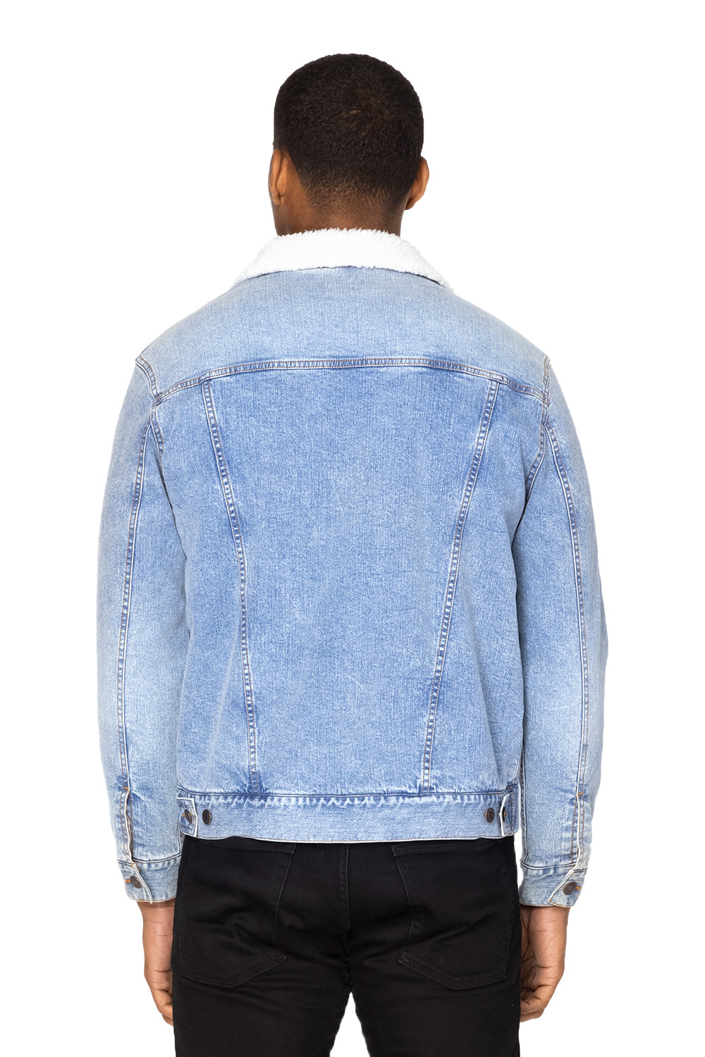 Threadfast Apparel 372J Mens Sherpa Lined Button Down Denim Jacket Light Blue Model Back