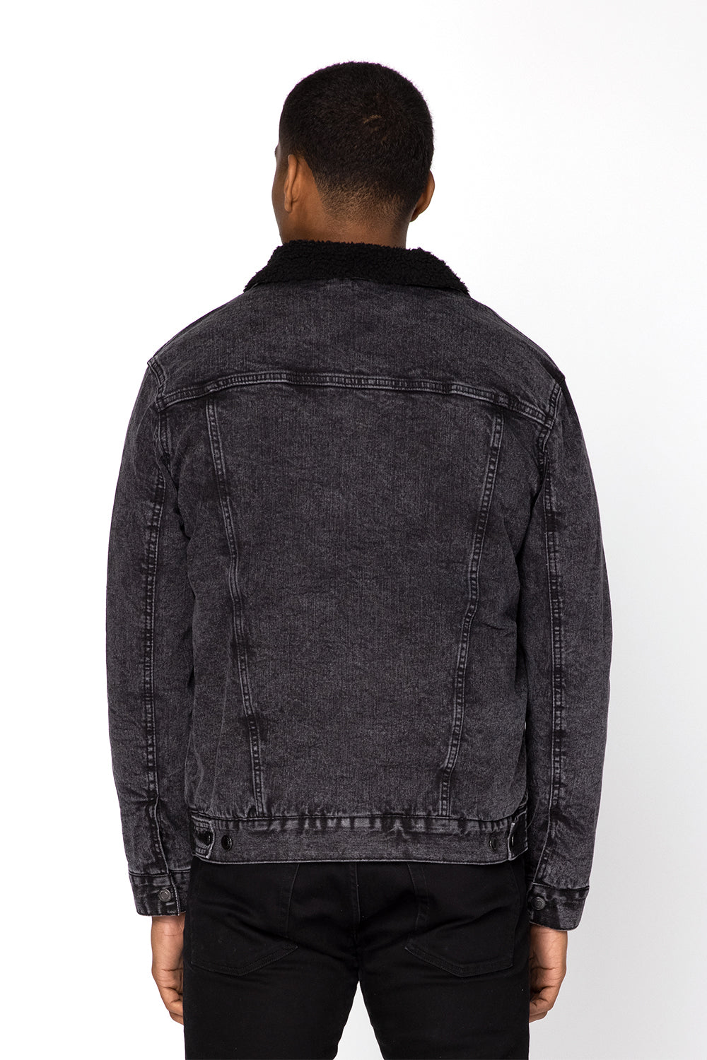 Threadfast Apparel 372J Mens Sherpa Lined Button Down Denim Jacket Black Model Back