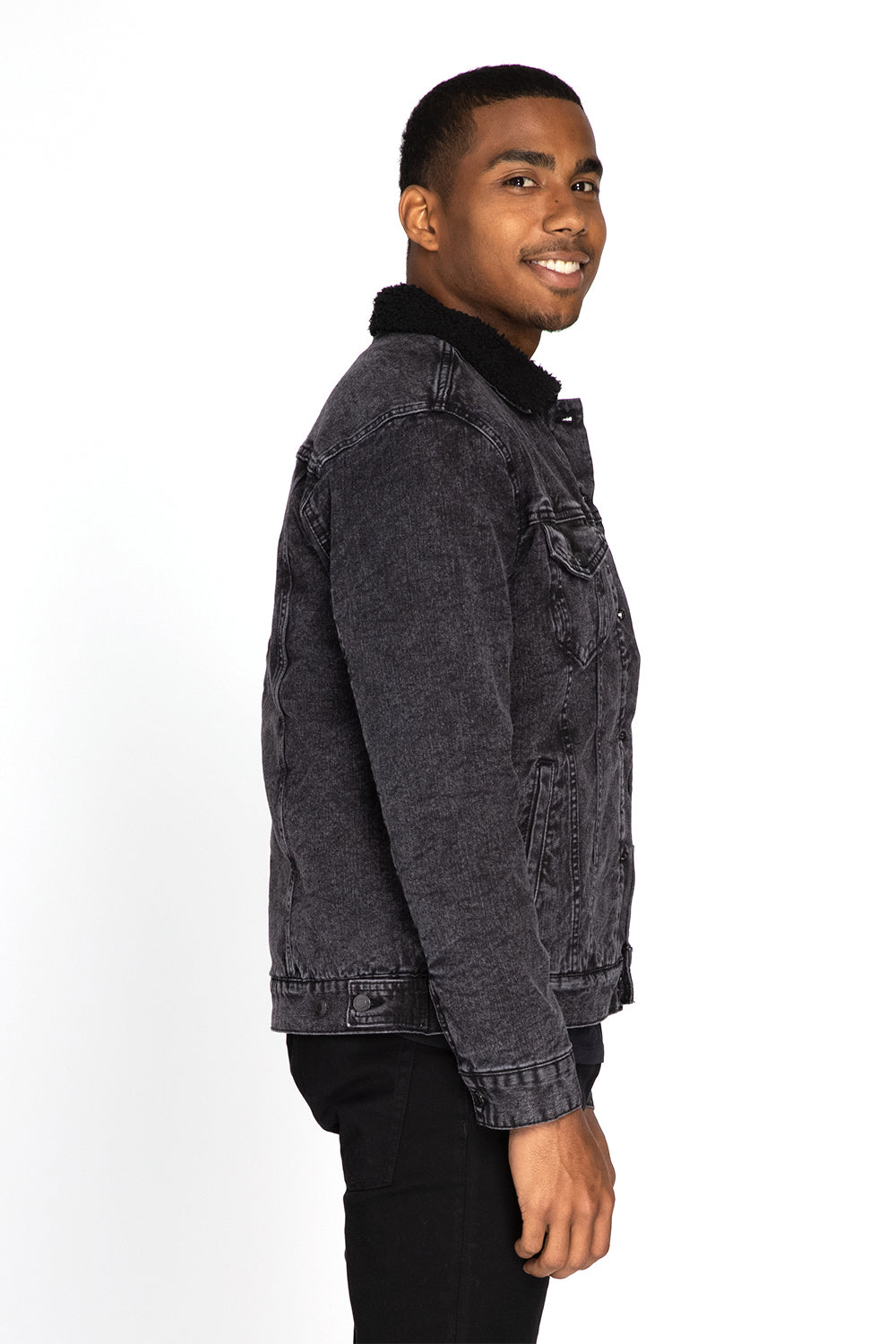 Threadfast Apparel 372J Mens Sherpa Lined Button Down Denim Jacket Black Model Side