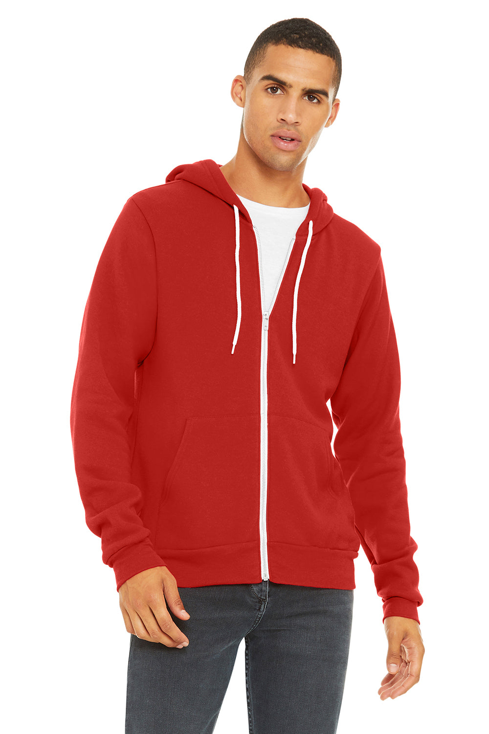 Bella + Canvas BC3739/3739 Mens Fleece Full Zip Hooded Sweatshirt Hoodie w/ Pockets Red Model Front