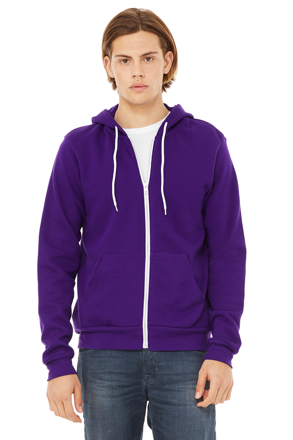 Bella + Canvas BC3739/3739 Mens Fleece Full Zip Hooded Sweatshirt Hoodie Team Purple Model Front