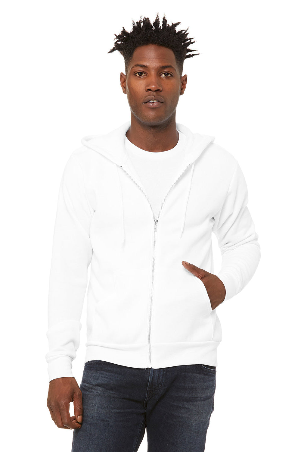 Bella + Canvas BC3739/3739 Mens Fleece Full Zip Hooded Sweatshirt Hoodie w/ Pockets DTG White Model Front
