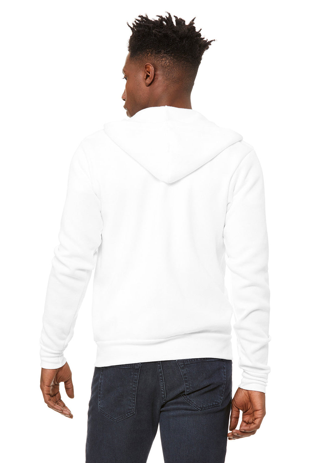 Bella + Canvas BC3739/3739 Mens Fleece Full Zip Hooded Sweatshirt Hoodie w/ Pockets DTG White Model Back