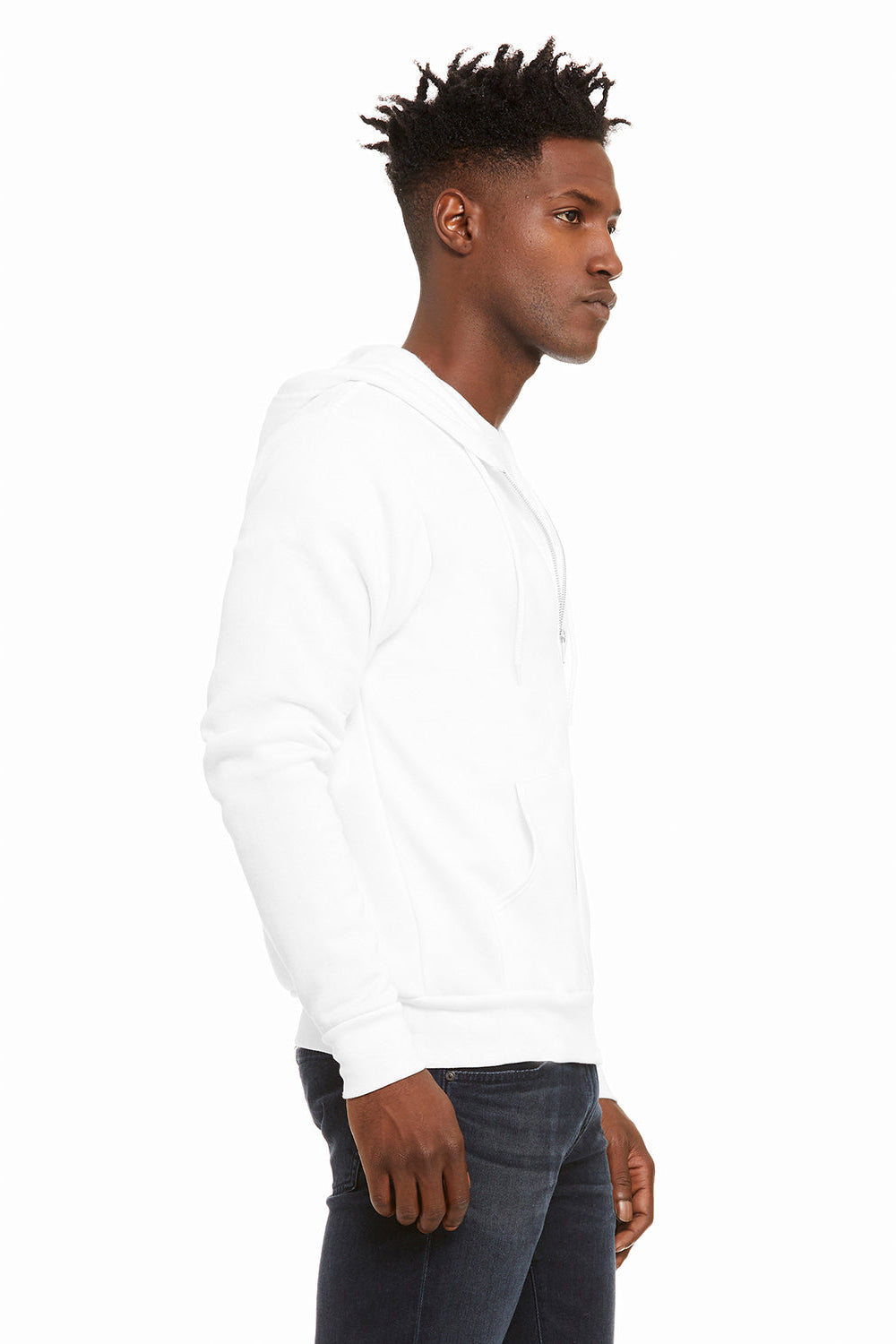 Bella + Canvas BC3739/3739 Mens Fleece Full Zip Hooded Sweatshirt Hoodie DTG White Model Side