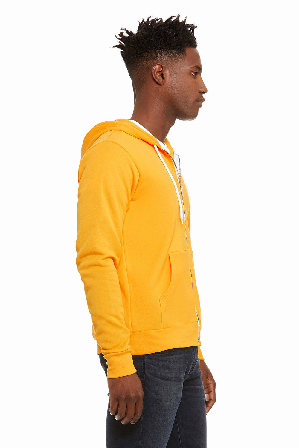Bella + Canvas BC3739/3739 Mens Fleece Full Zip Hooded Sweatshirt Hoodie Gold Model Side