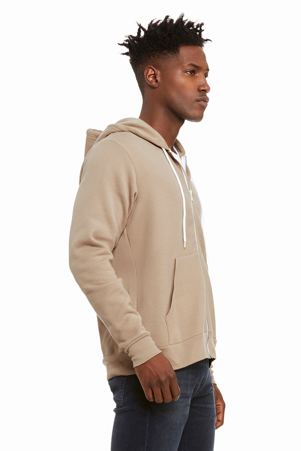 Bella + Canvas BC3739/3739 Mens Fleece Full Zip Hooded Sweatshirt Hoodie Tan Model Side