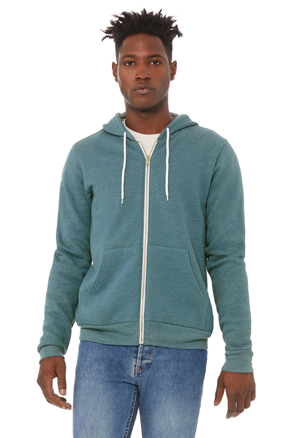 Bella + Canvas BC3739/3739 Mens Fleece Full Zip Hooded Sweatshirt Hoodie w/ Pockets Heather Deep Teal Model Front