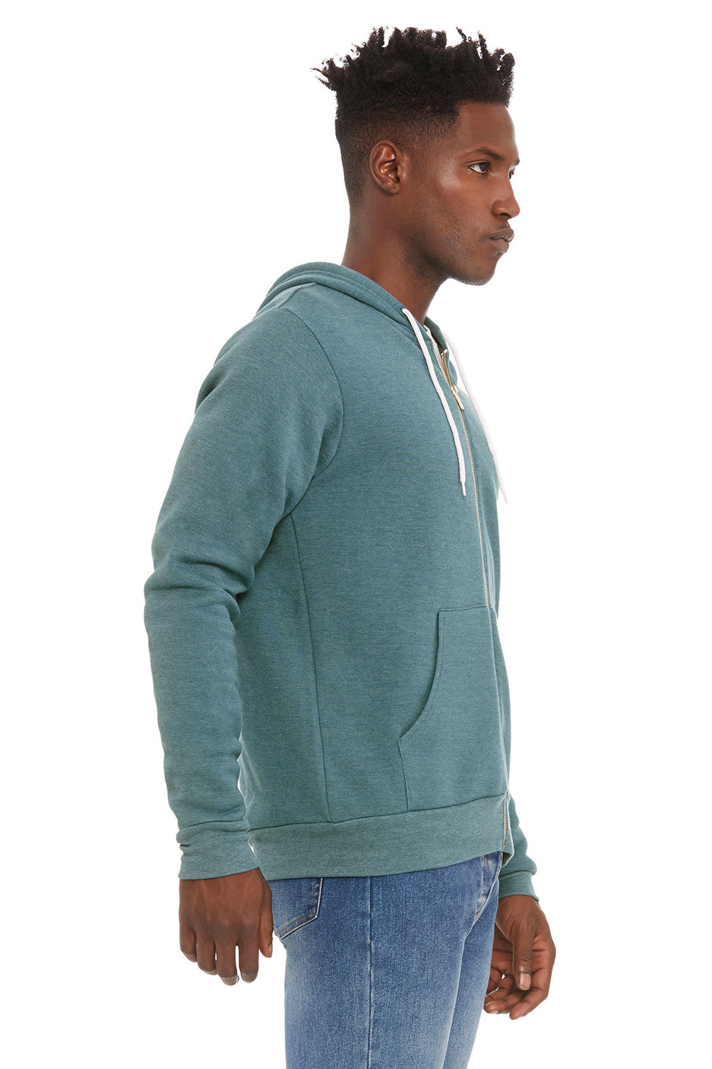 Bella + Canvas BC3739/3739 Mens Fleece Full Zip Hooded Sweatshirt Hoodie w/ Pockets Heather Deep Teal Model Side