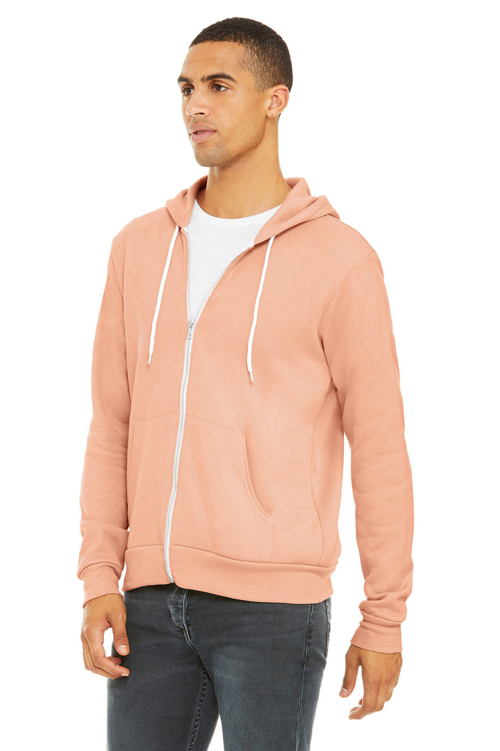 Bella + Canvas BC3739/3739 Mens Fleece Full Zip Hooded Sweatshirt Hoodie w/ Pockets Peach Model 3Q