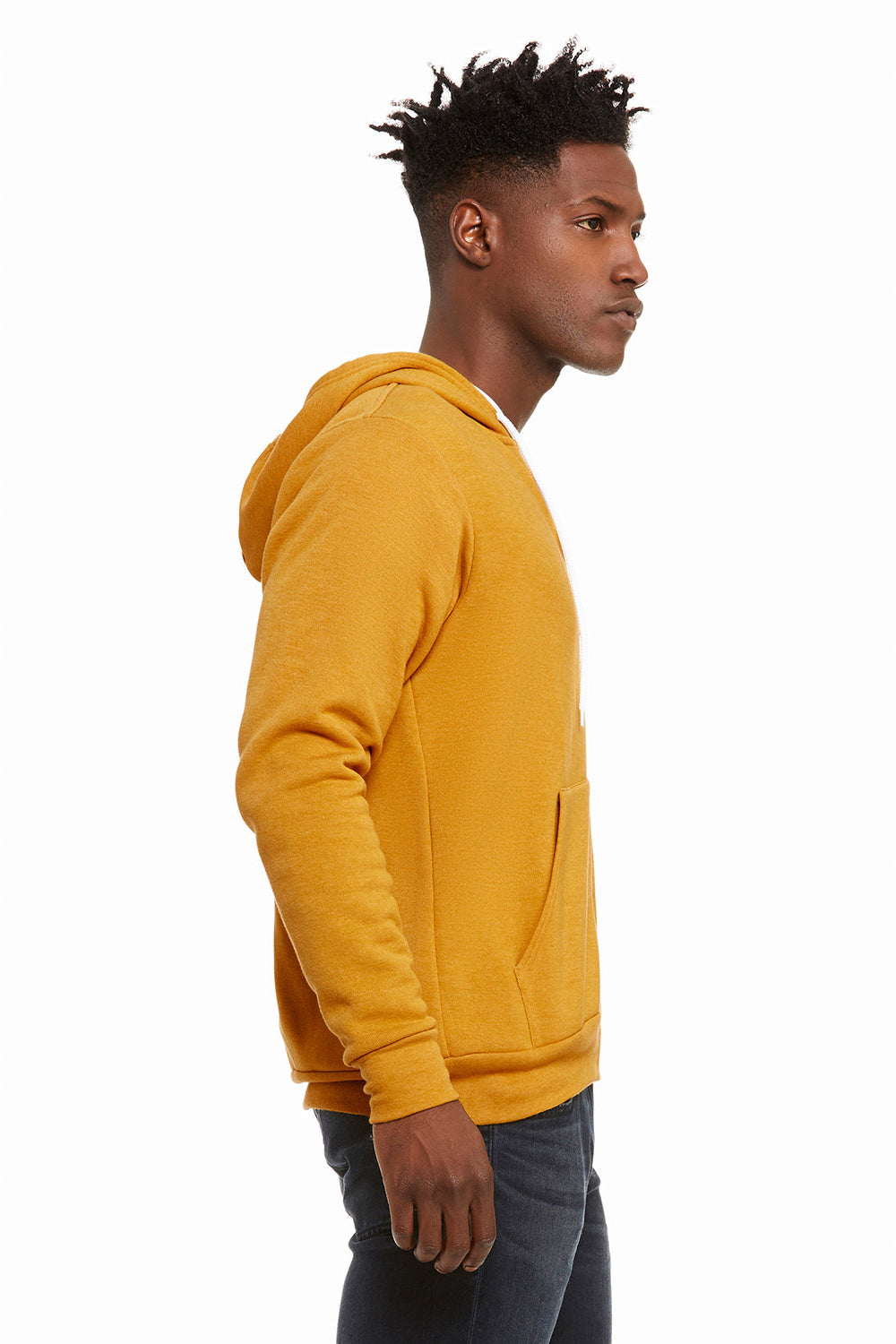 Bella + Canvas BC3739/3739 Mens Fleece Full Zip Hooded Sweatshirt Hoodie w/ Pockets Heather Mustard Yellow Model Side