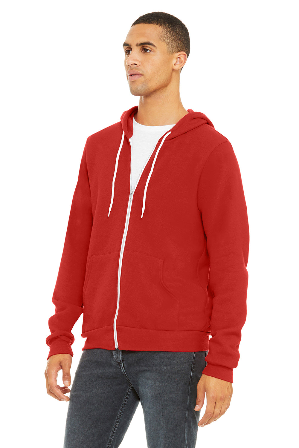 Bella + Canvas BC3739/3739 Mens Fleece Full Zip Hooded Sweatshirt Hoodie w/ Pockets Red Model 3Q