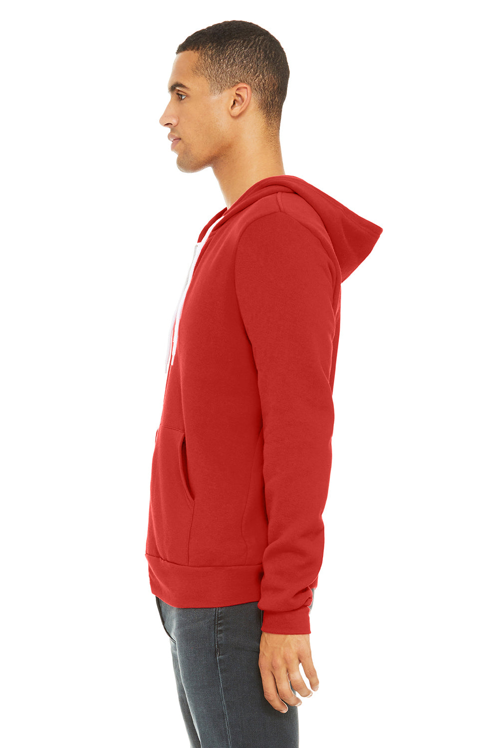 Bella + Canvas BC3739/3739 Mens Fleece Full Zip Hooded Sweatshirt Hoodie w/ Pockets Red Model Side