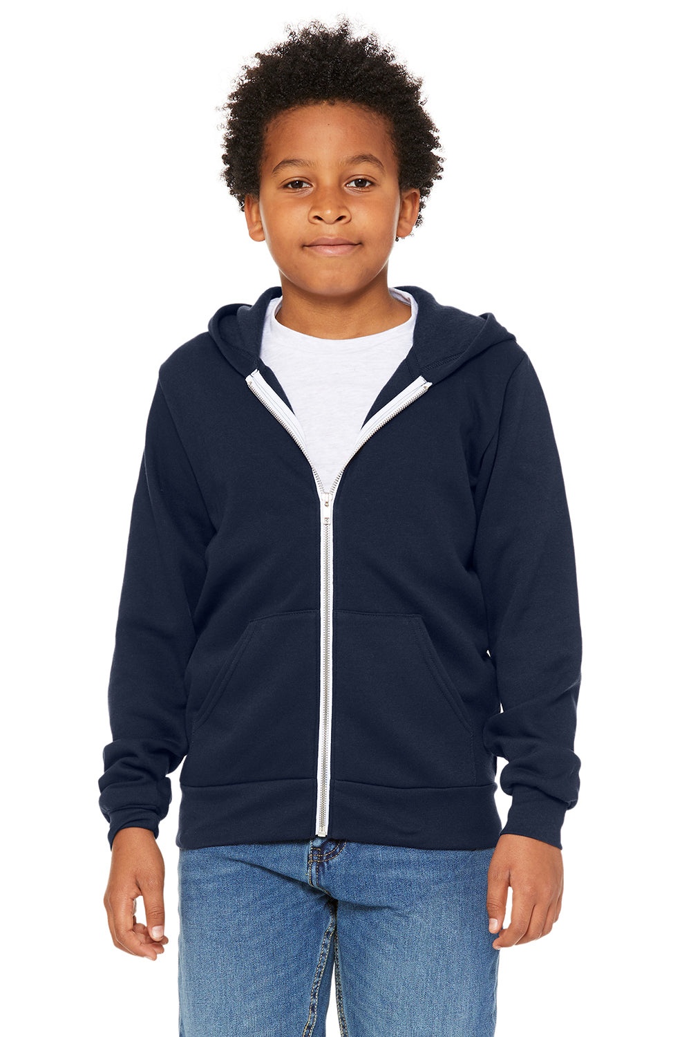 Bella + Canvas 3739Y Youth Sponge Fleece Full Zip Hooded Sweatshirt Hoodie Navy Blue Model Front