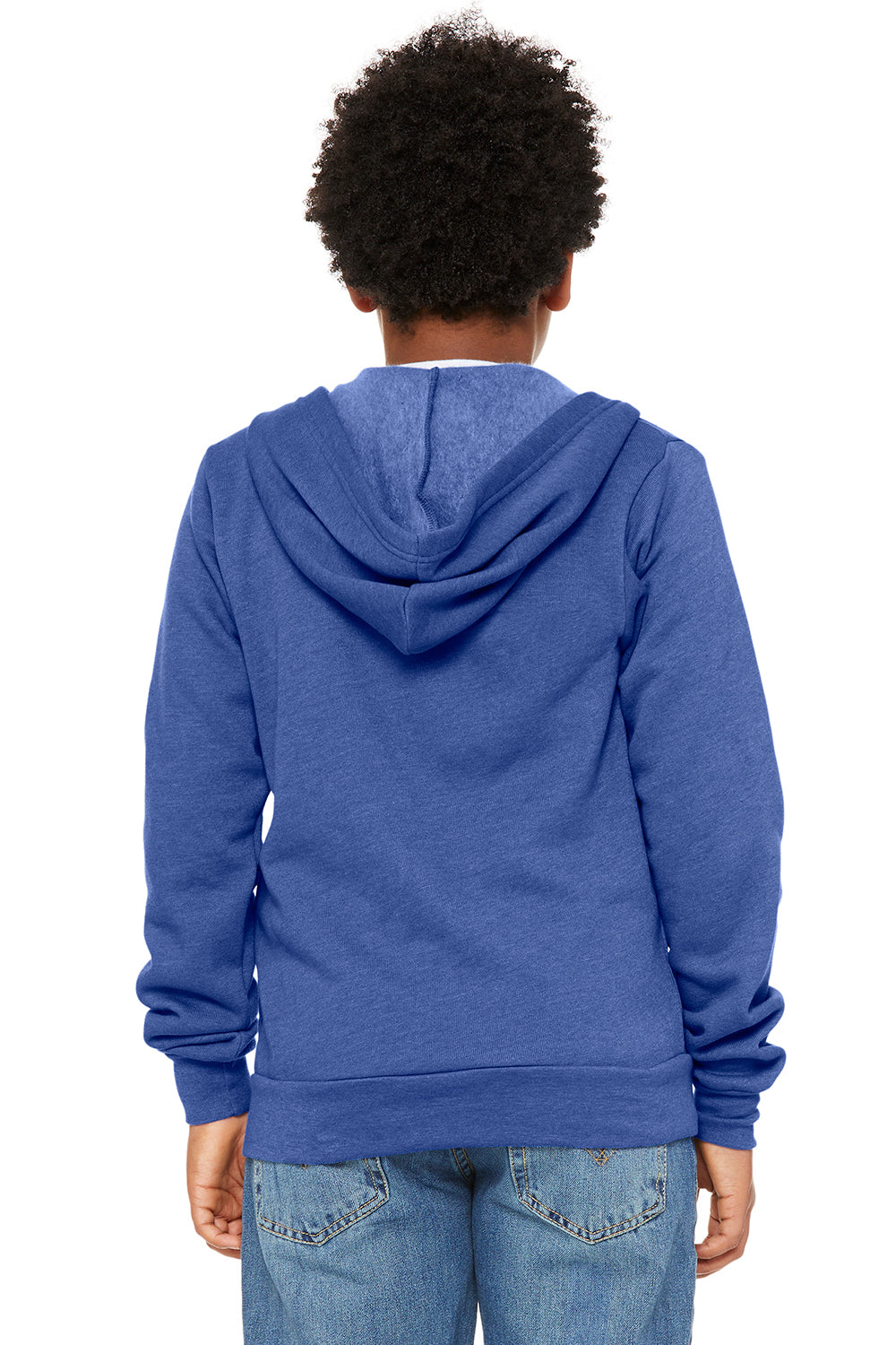 Bella + Canvas 3739Y Youth Sponge Fleece Full Zip Hooded Sweatshirt Hoodie Heather True Royal Blue Model Back