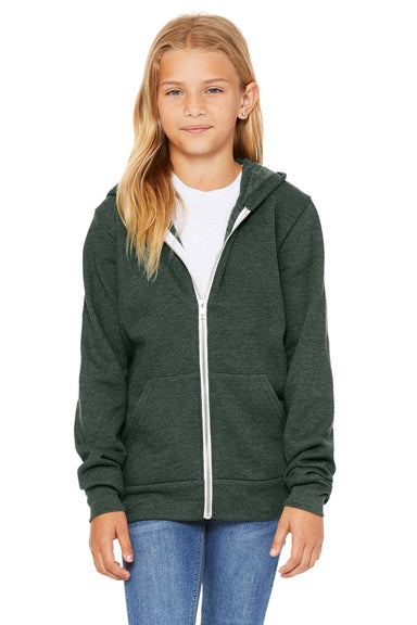 Bella + Canvas 3739Y Youth Sponge Fleece Full Zip Hooded Sweatshirt Hoodie Heather Forest Green Model Front