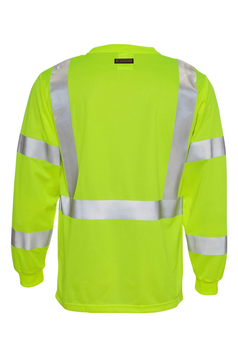 Kishigo 9145-9146 Mens Class 3 Moisture Wicking Long Sleeve Crewneck T-Shirt w/ Pocket Lime Green Flat Back