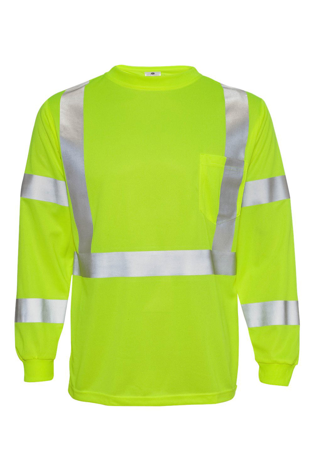 Kishigo 9145-9146 Mens Class 3 Moisture Wicking Long Sleeve Crewneck T-Shirt w/ Pocket Lime Green Flat Front