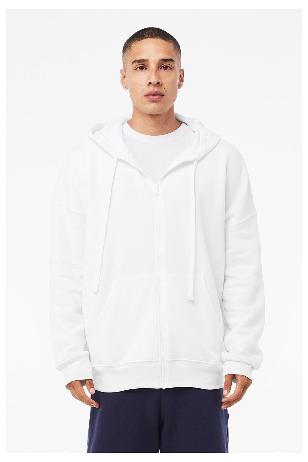 Bella + Canvas 3759 Mens Sponge Fleece Full Zip Hooded Sweatshirt Hoodie w/ Pockets White Model Front