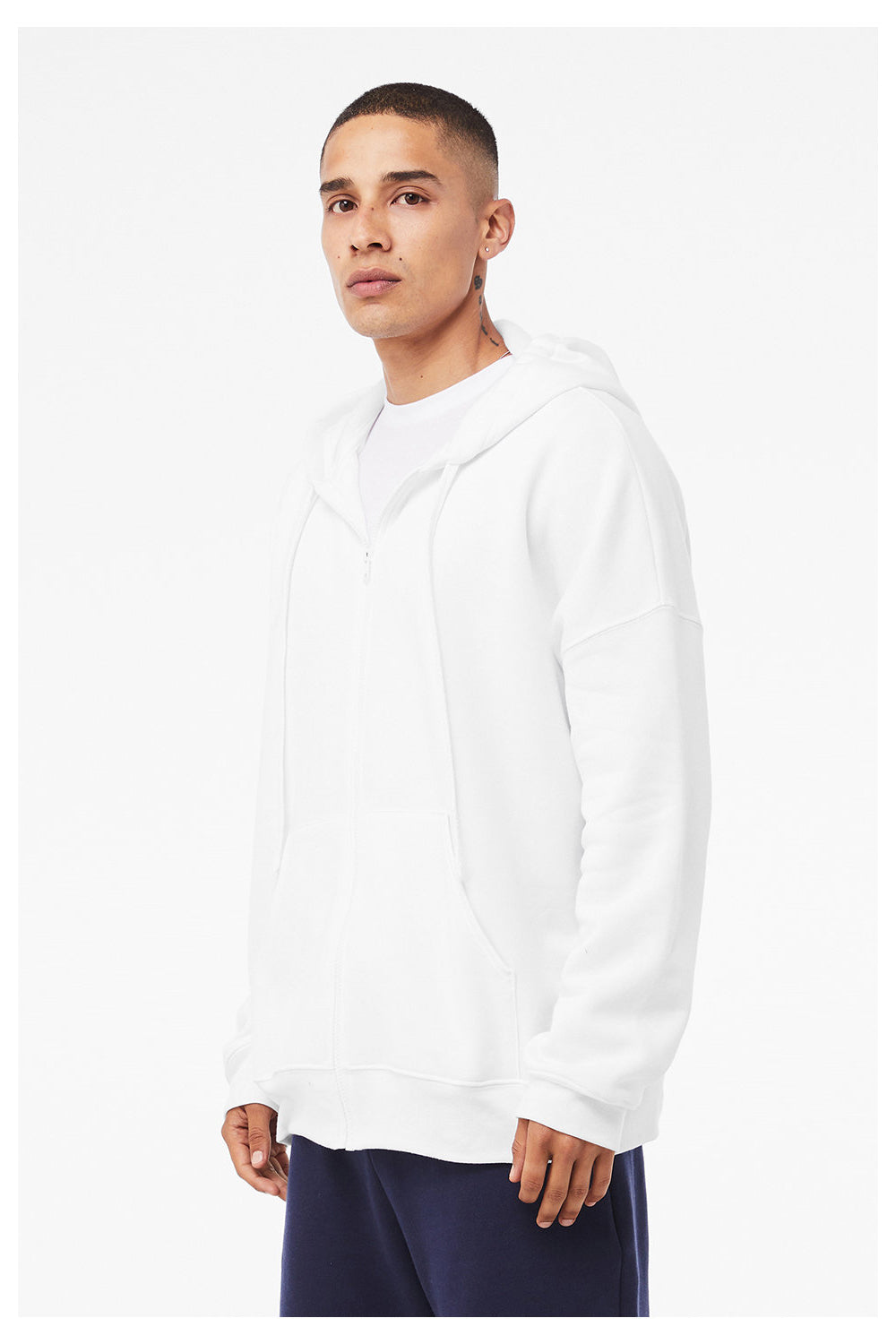 Bella + Canvas 3759 Mens Sponge Fleece Full Zip Hooded Sweatshirt Hoodie w/ Pockets White Model Side