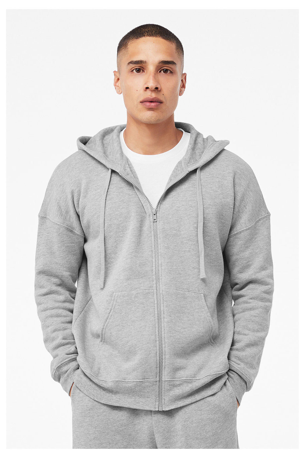 Bella + Canvas 3759 Mens Sponge Fleece Full Zip Hooded Sweatshirt Hoodie w/ Pockets Heather Grey Model Front