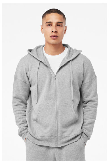 Bella + Canvas 3759 Mens Sponge Fleece Full Zip Hooded Sweatshirt Hoodie w/ Pockets Heather Grey Model Front