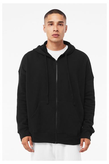 Bella + Canvas 3759 Mens Sponge Fleece Full Zip Hooded Sweatshirt Hoodie w/ Pockets Black Model Front