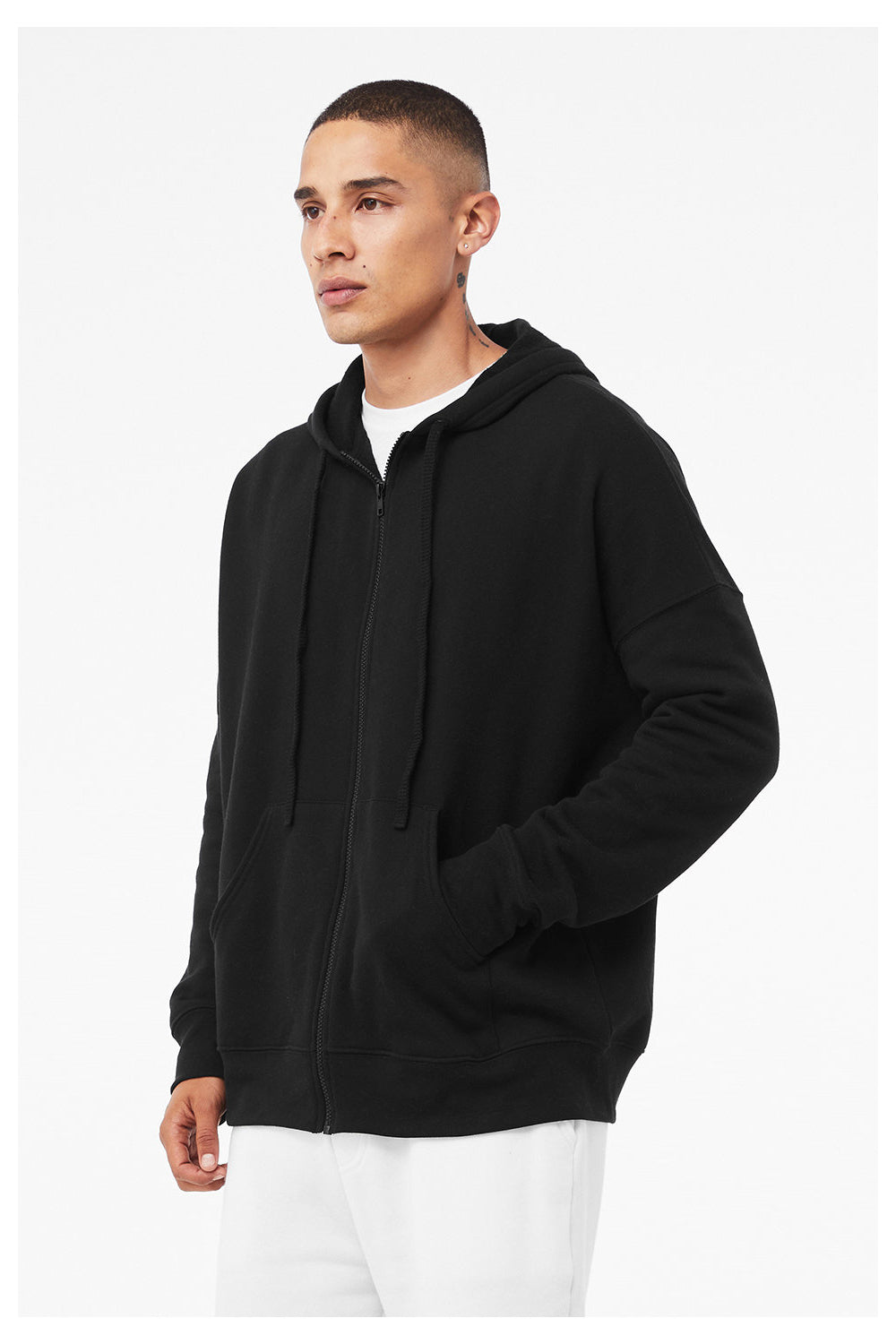 Bella + Canvas 3759 Mens Sponge Fleece Full Zip Hooded Sweatshirt Hoodie w/ Pockets Black Model Side