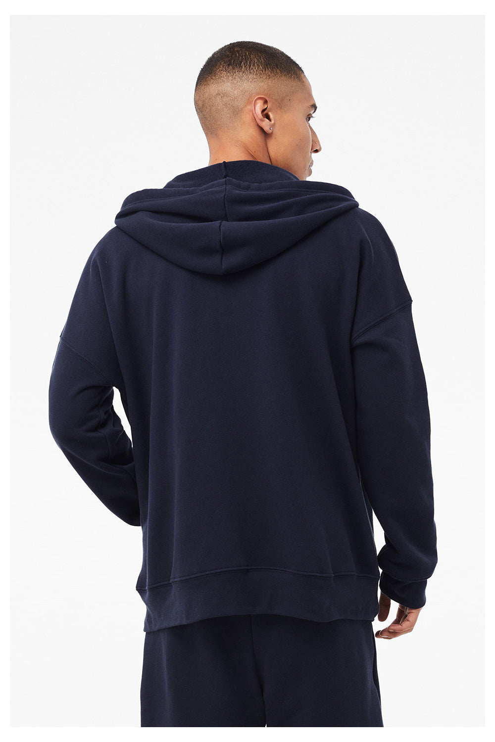 Bella + Canvas 3759 Mens Sponge Fleece Full Zip Hooded Sweatshirt Hoodie w/ Pockets Navy Blue Model Back
