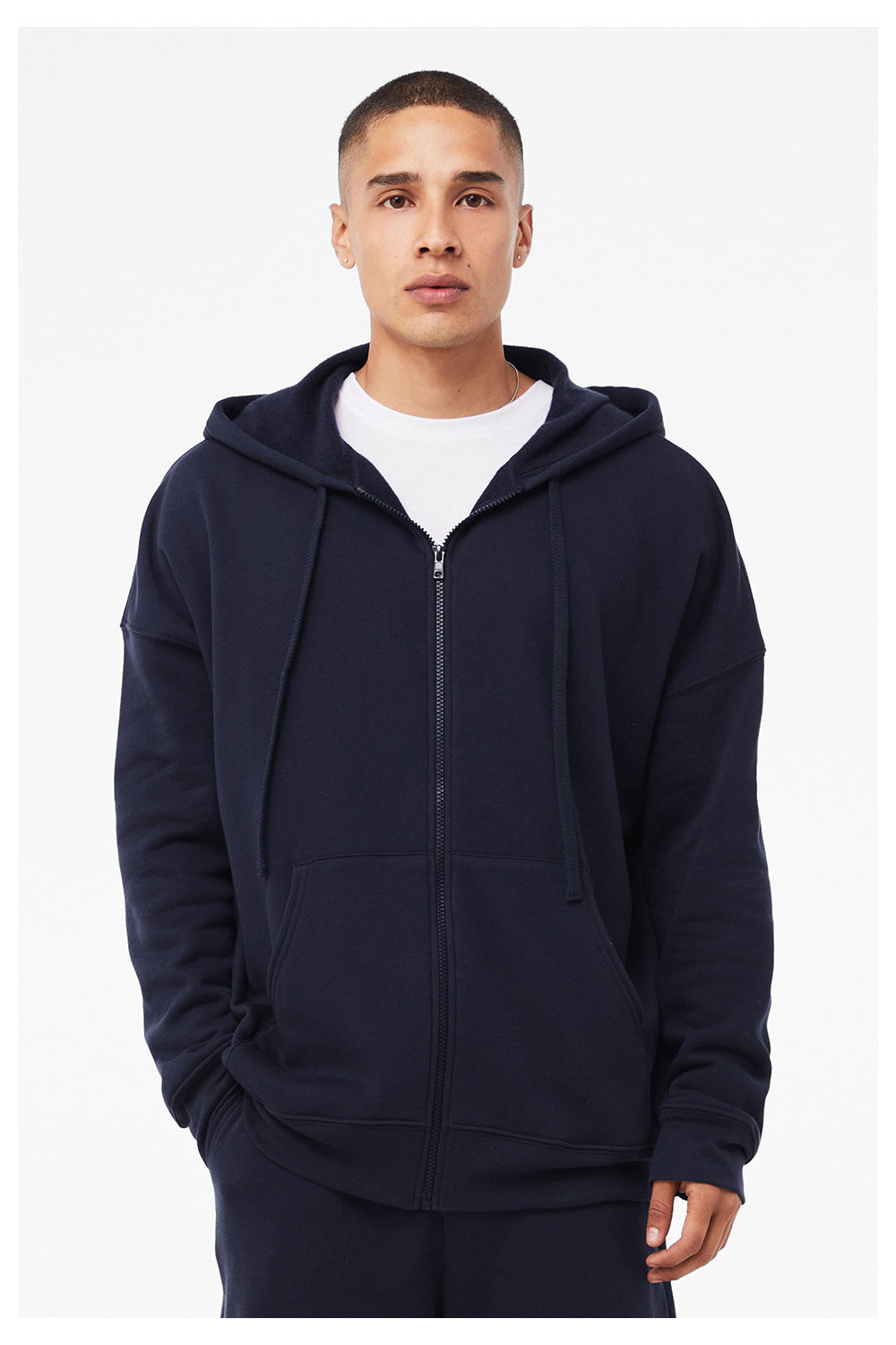 Bella + Canvas 3759 Mens Sponge Fleece Full Zip Hooded Sweatshirt Hoodie w/ Pockets Navy Blue Model Front