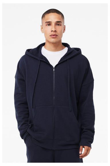 Bella + Canvas 3759 Mens Sponge Fleece Full Zip Hooded Sweatshirt Hoodie w/ Pockets Navy Blue Model Front