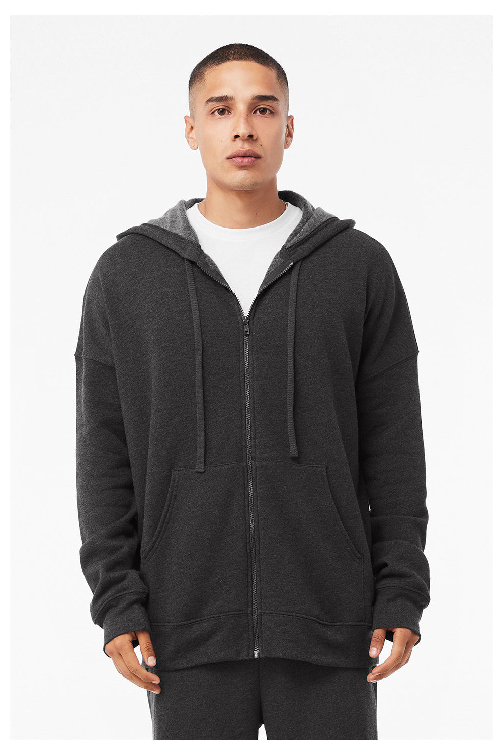 Bella + Canvas 3759 Mens Sponge Fleece Full Zip Hooded Sweatshirt Hoodie w/ Pockets Heather Dark Grey Model Front