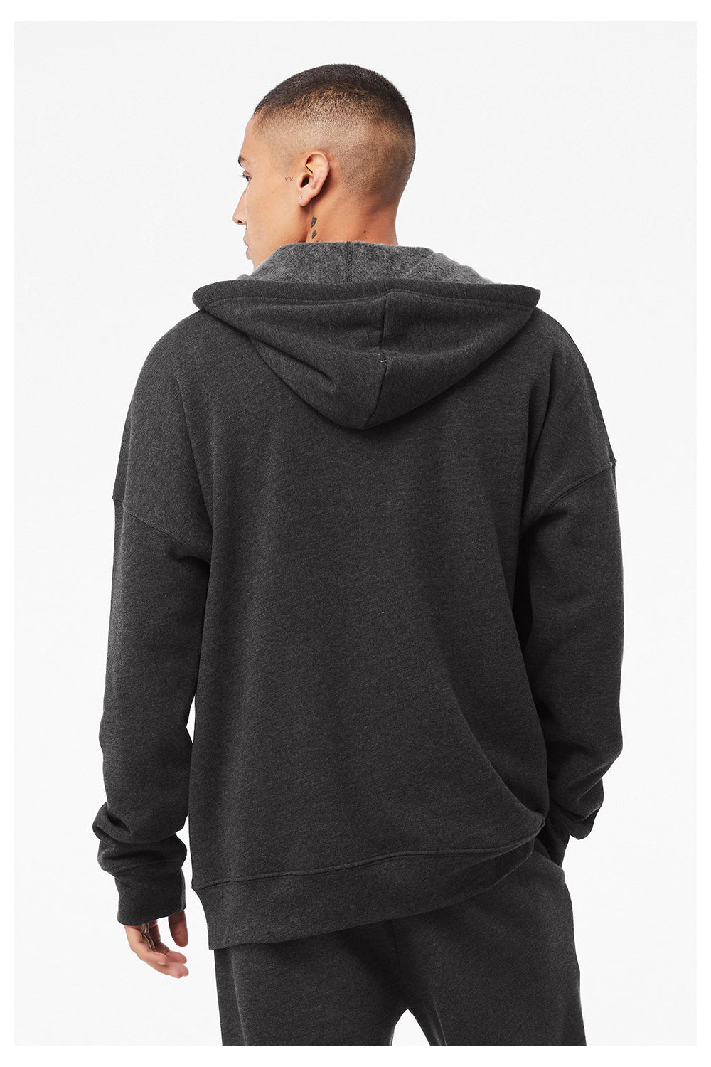Bella + Canvas 3759 Mens Sponge Fleece Full Zip Hooded Sweatshirt Hoodie w/ Pockets Heather Dark Grey Model Back