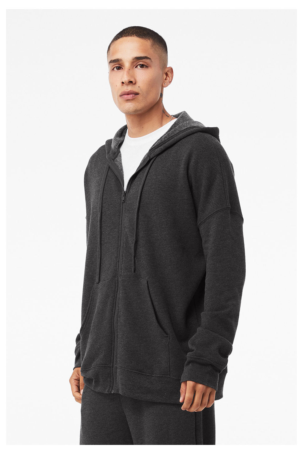 Bella + Canvas 3759 Mens Sponge Fleece Full Zip Hooded Sweatshirt Hoodie w/ Pockets Heather Dark Grey Model Side