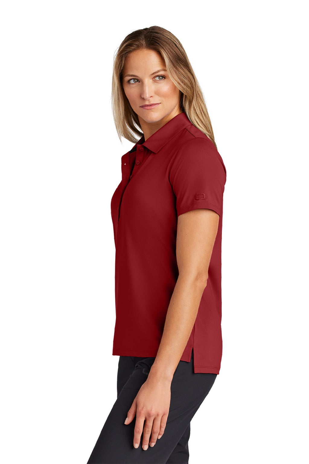 Ogio LOG170 Womens Regain Moisture Wicking Short Sleeve Polo Shirt Signal Red Model Side