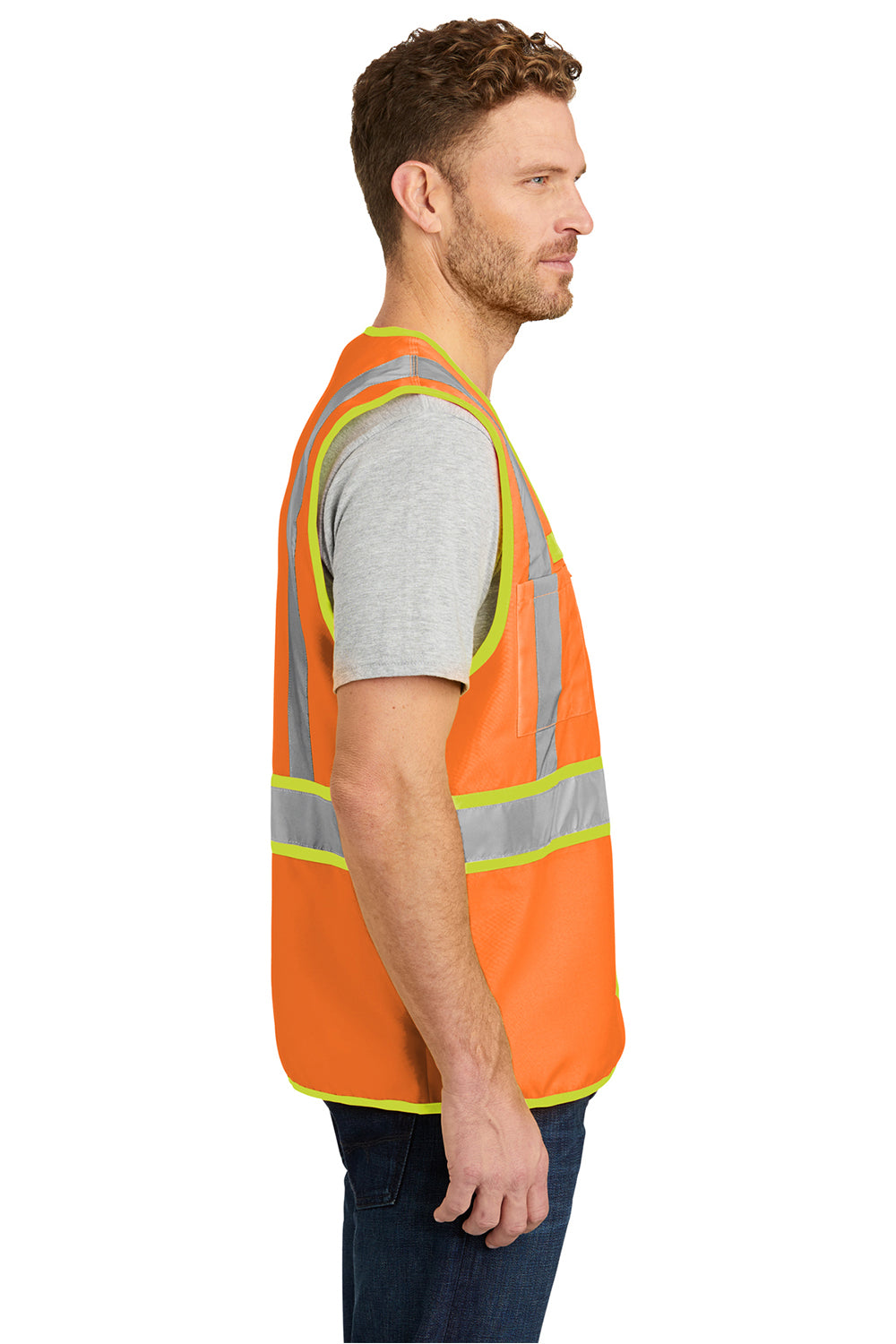 CornerStone CSV407 Mens ANSI 107 Class 2 Safety Full Zip Vest Safety Orange Model Side