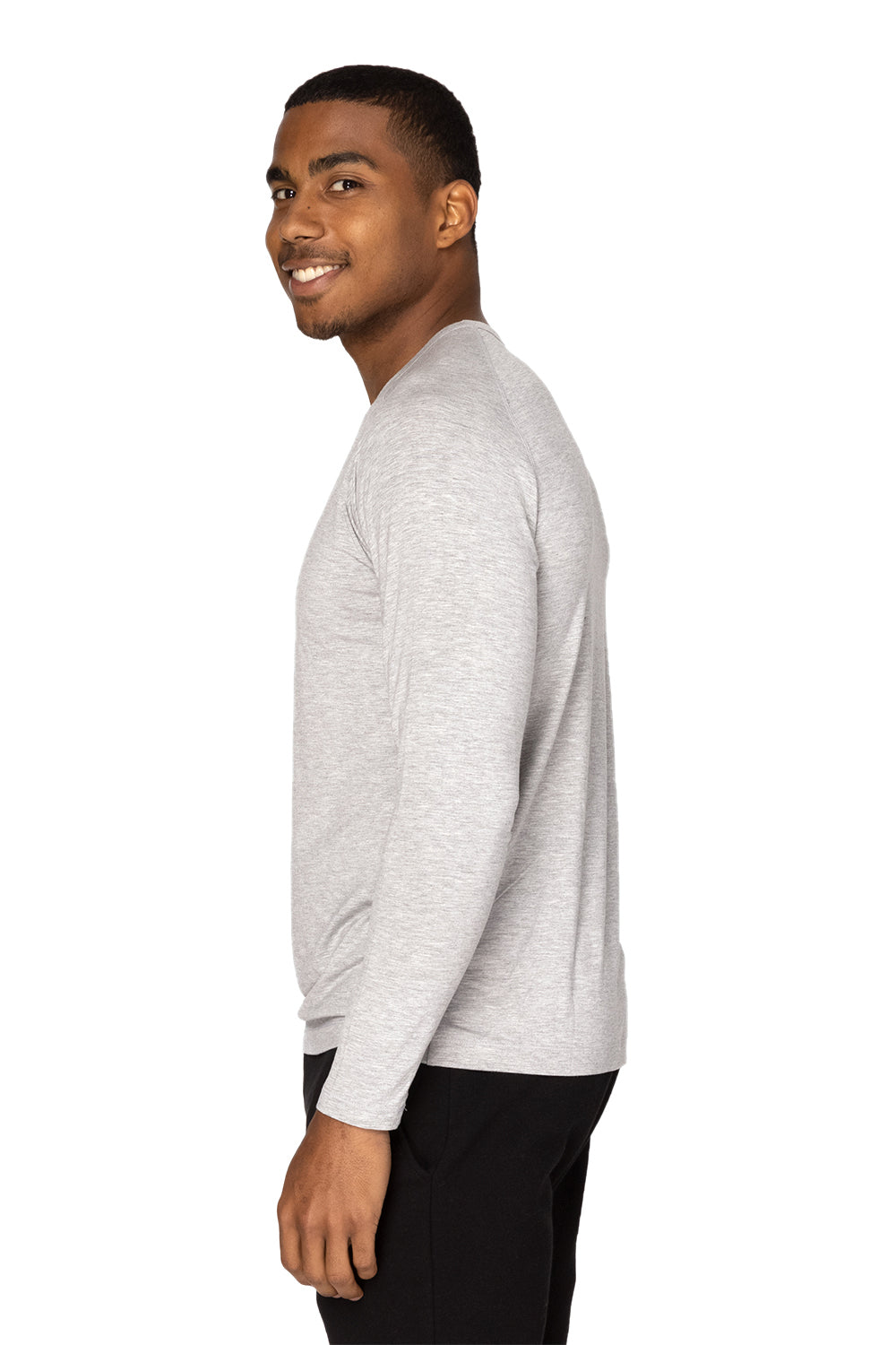 Threadfast Apparel 382LS Mens Impact Long Sleeve Crewneck T-Shirt Heather Grey Model Side