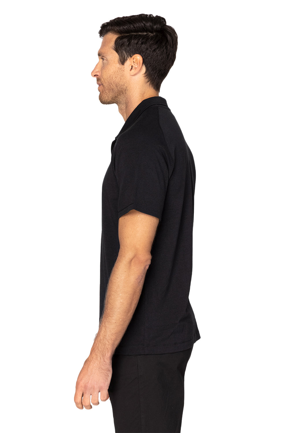 Threadfast Apparel 382PL Mens Impact Short Sleeve Polo Shirt Black Model Side