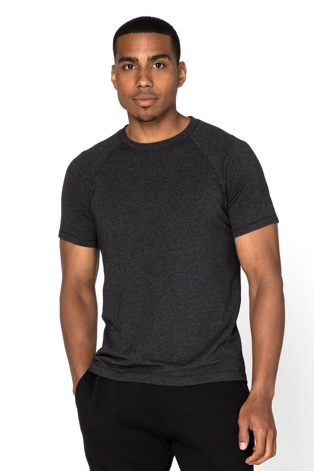 Threadfast Apparel 382R Mens Impact Short Sleeve Crewneck T-Shirt Heather Black Model Front