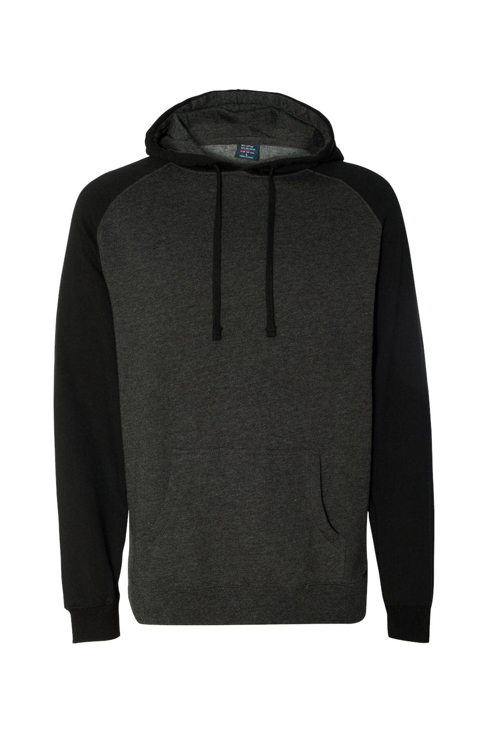Independent Trading Company IND40RP Mens Raglan Hooded Sweatshirt Hoodie w/ Pouch Pockets Heather Charcoal Grey/Black Flat Front